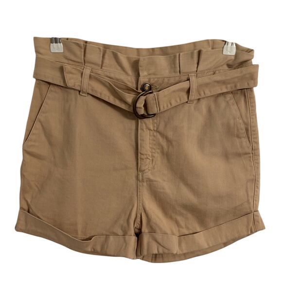 Studio F Paperbag Baggy Mom 90's Y2K High Waist 100% Cotton Tan Shorts Size 10 - Picture 1 of 8